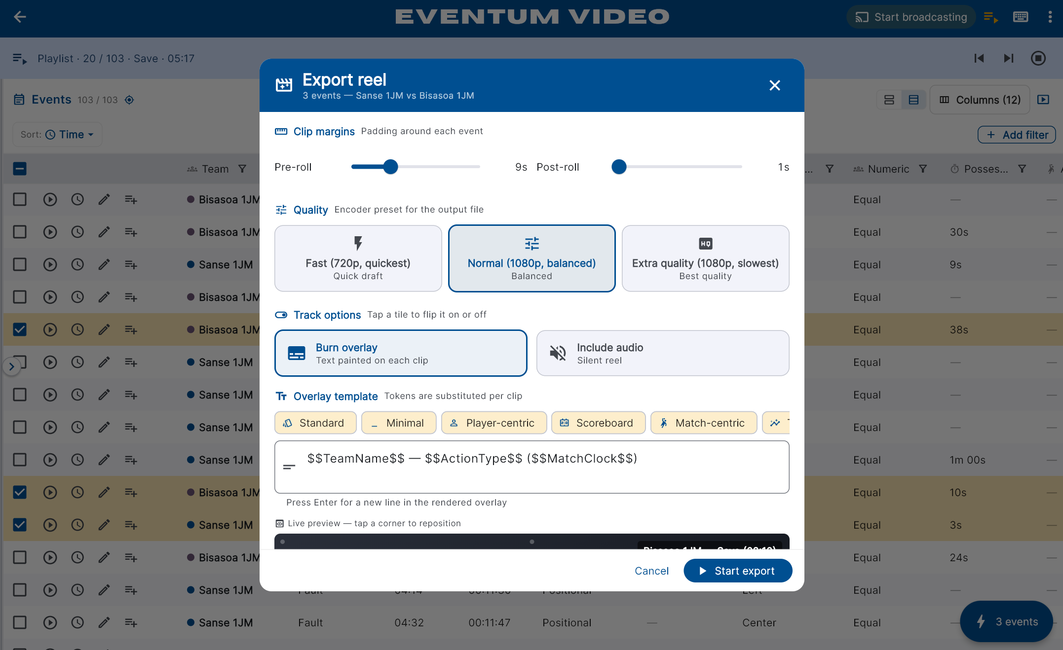 Diálogo de exportar reel con márgenes de clip, calidad y opciones de overlay