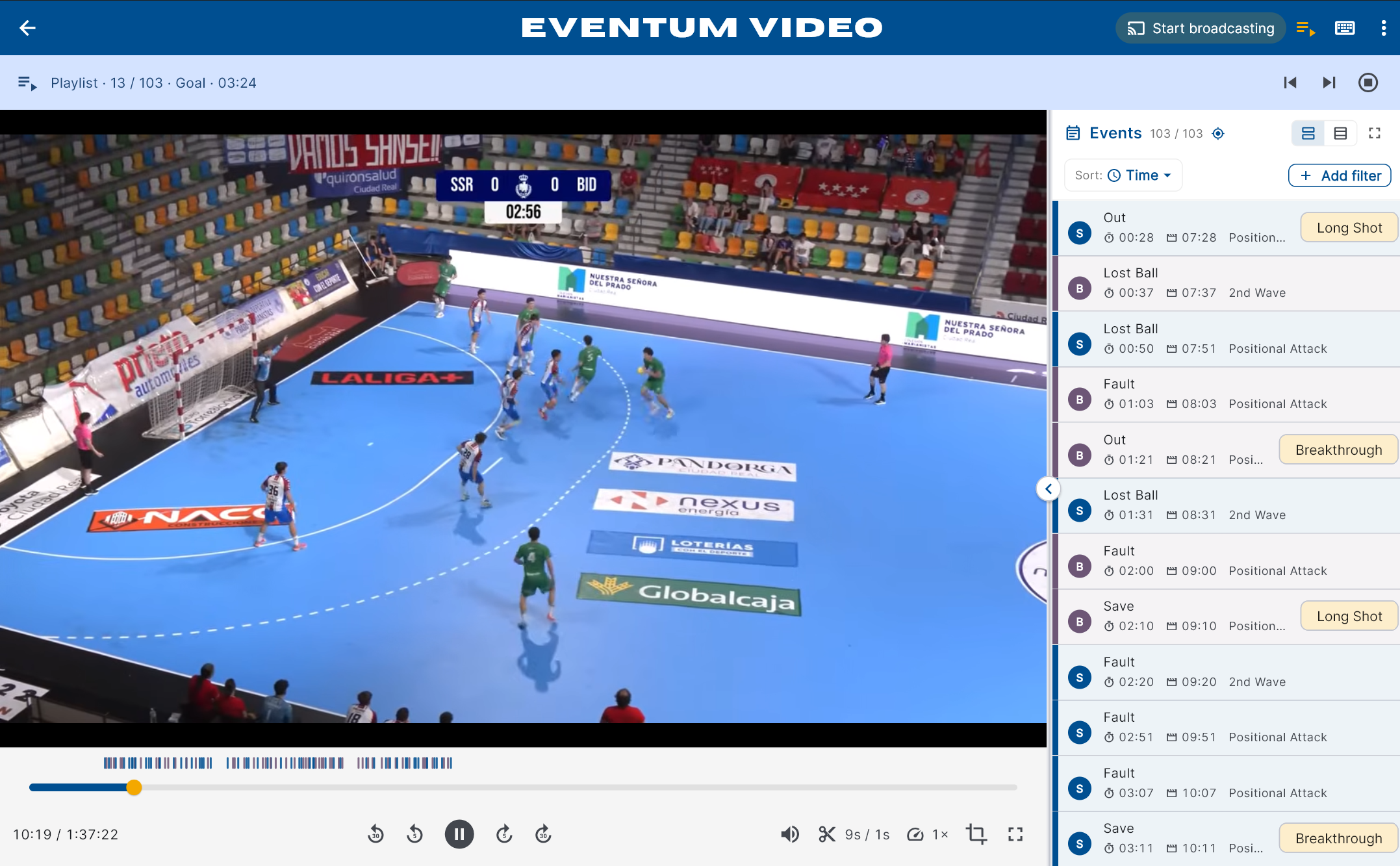 Reproductor de Eventum Video mostrando un partido con la lista de acciones etiquetadas